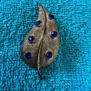 Nature-Inspired Goldtone Blue Leaf Brooch